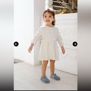 Girls' Striped Long-Sleeve Casual Dress - White with Light Green Stripes